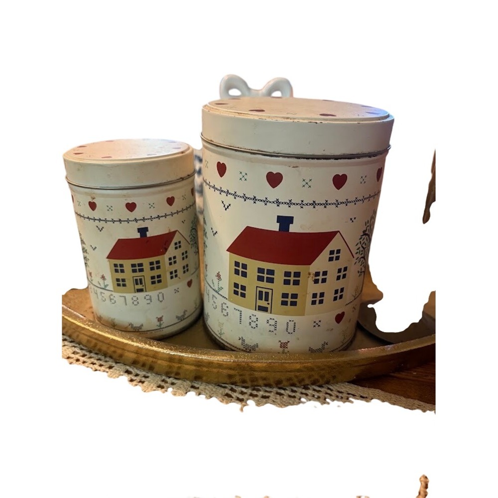 Vintage Country House Sampler Tin Canister Set Red Heart Farmhouse Kitchen 2pc